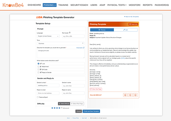 AIDA's Phishing Template Generator, with template setup form and resulting template shown side by side