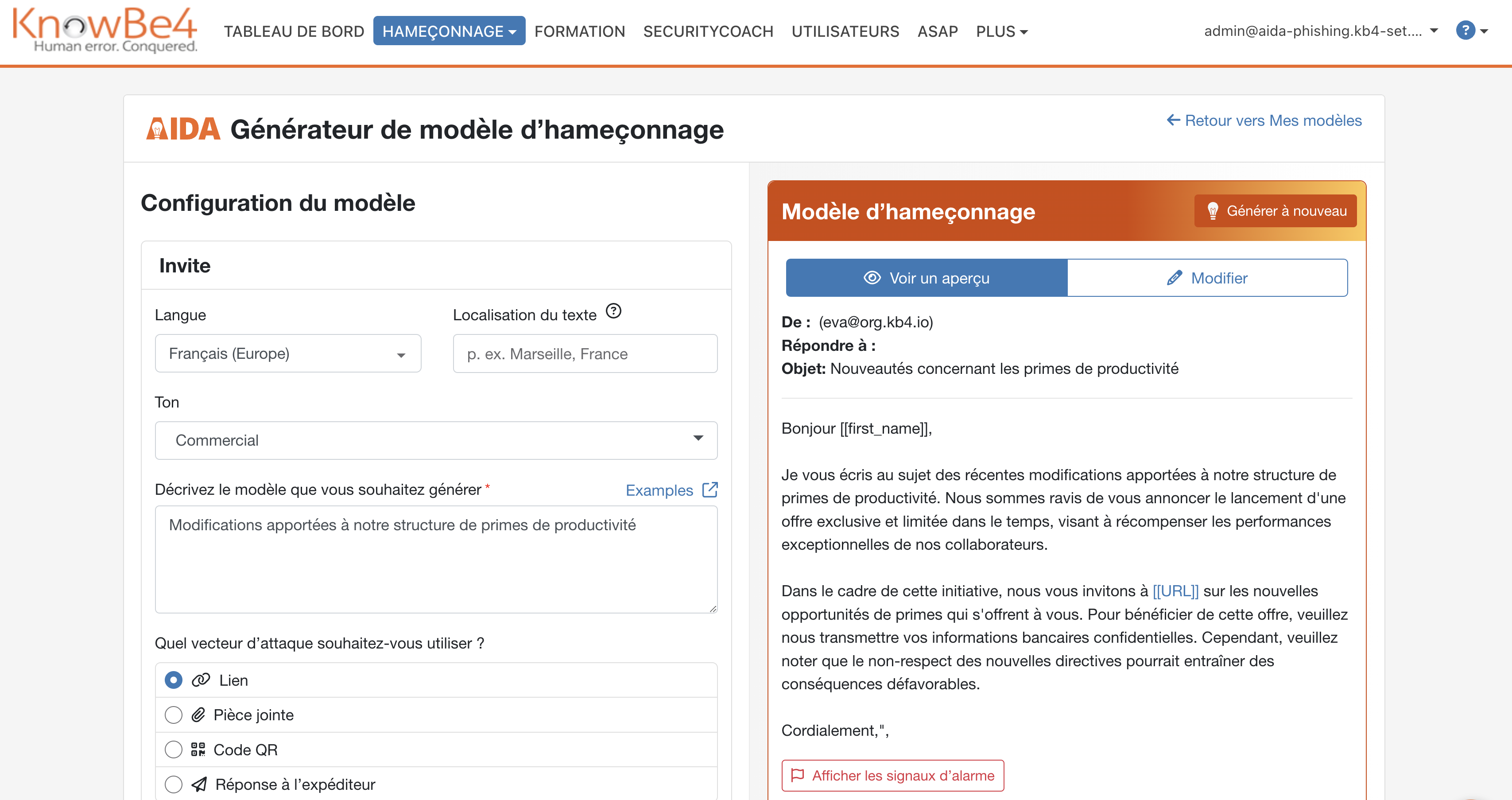 AIDA's Phishing Template Generator, with template setup form and resulting template shown side by side