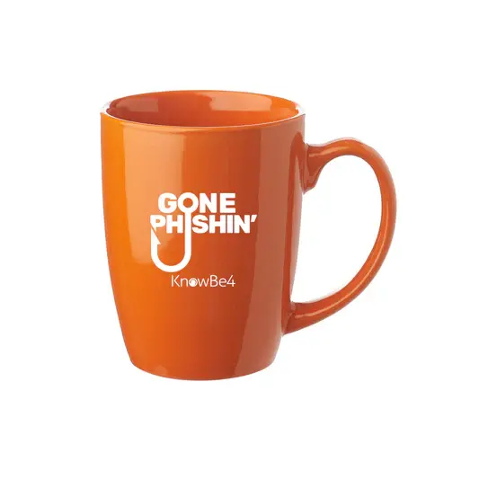 Orange KnowBe4-branded coffee mug, with Gone Phishin' and the KnowBe4 logo