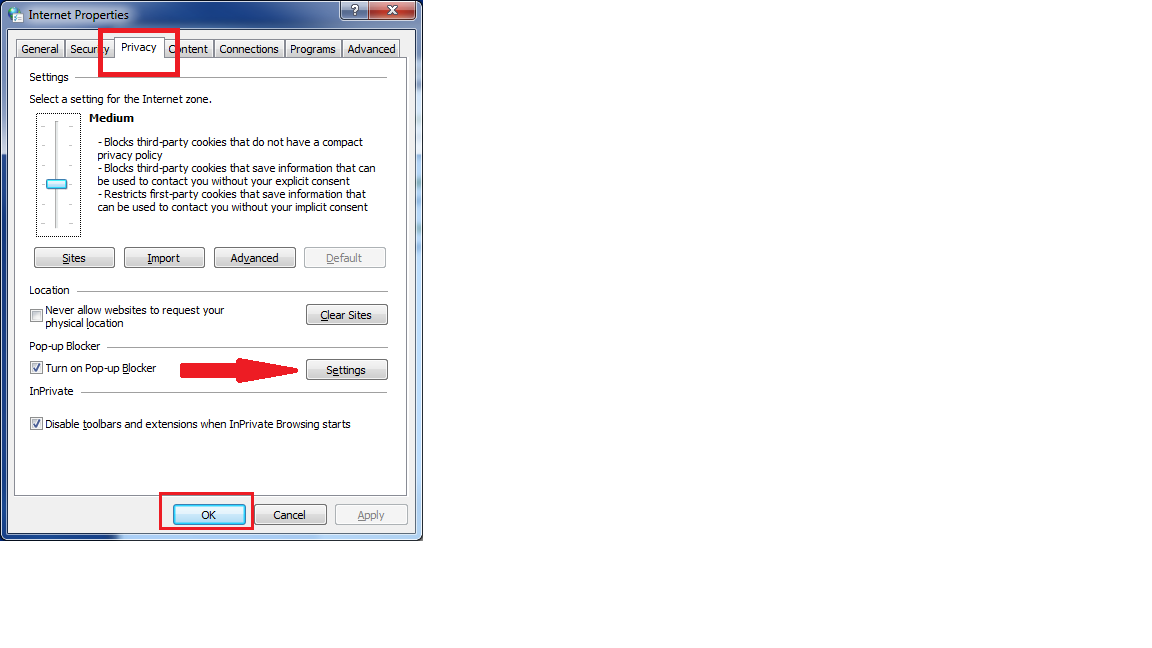 how to turn off pop up blocker windows 7