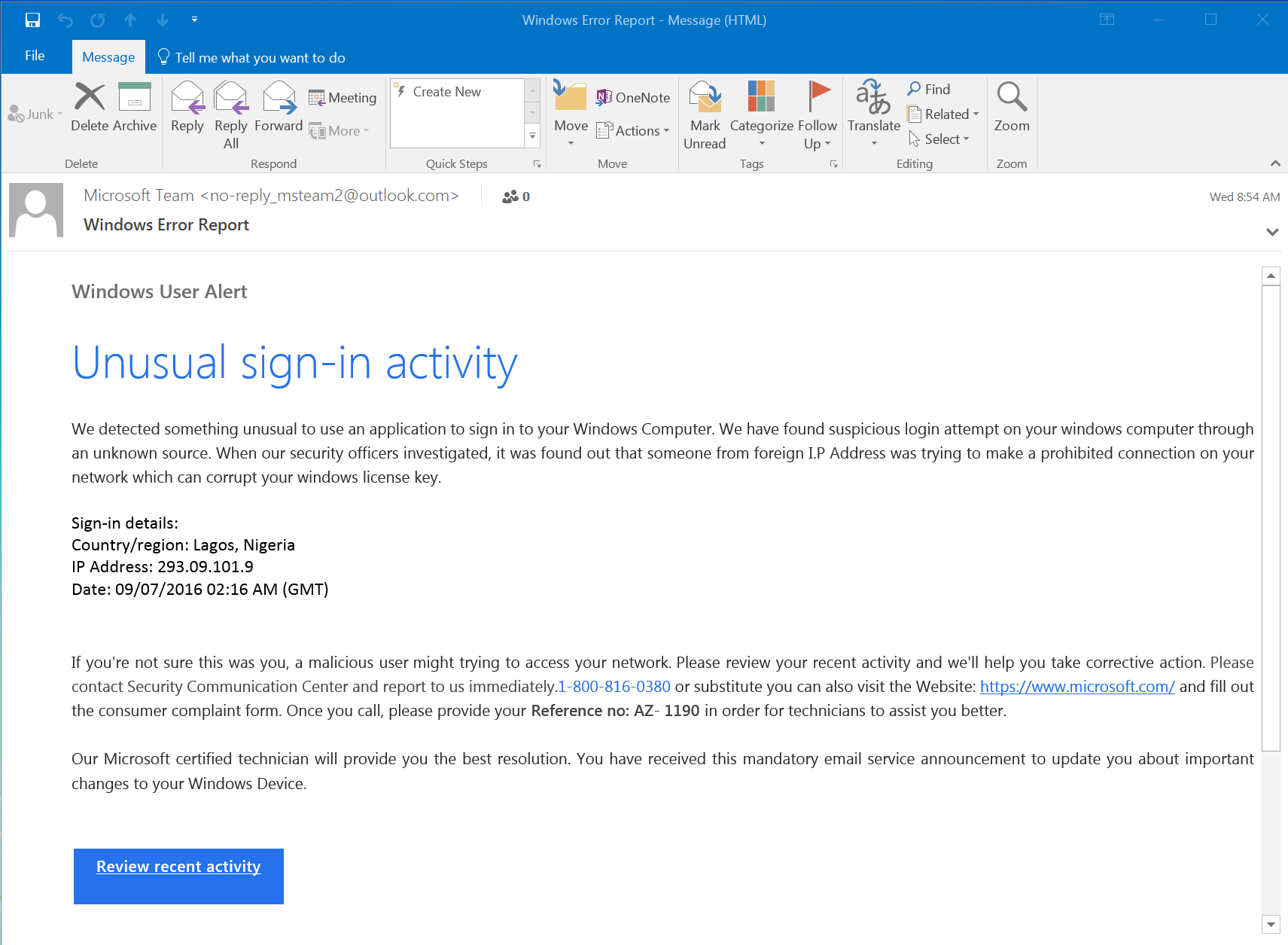 Malicious Windows Warning Email